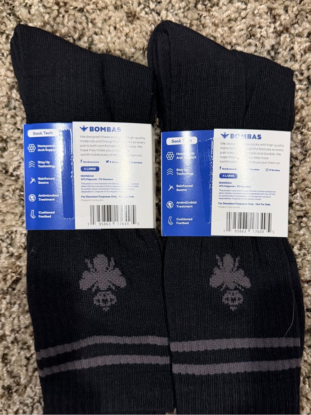 2 PACK Bombas NEW  Black Crew Athletic Socks with Gray Stripes - XL - Picture 2 of 2